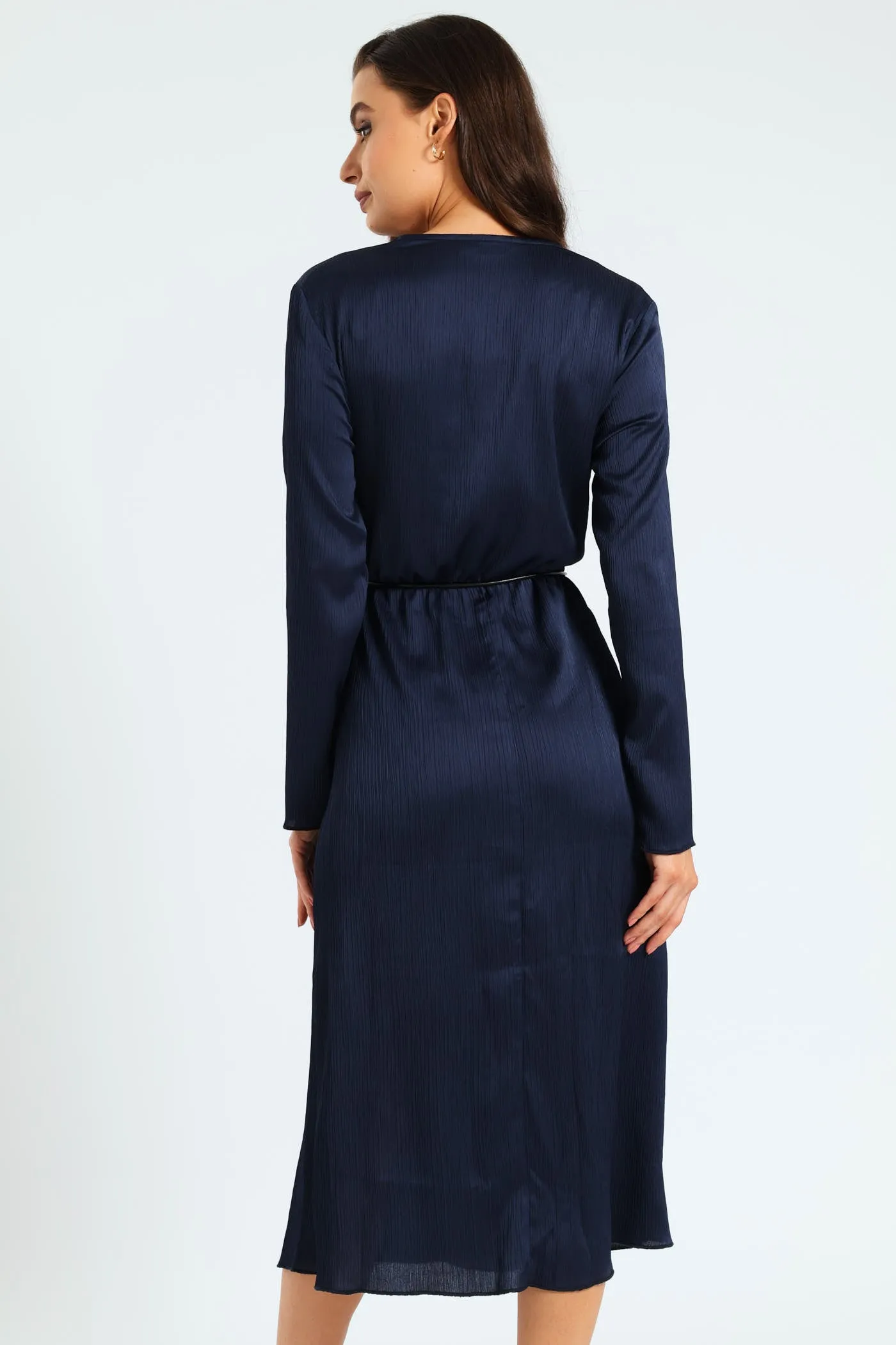 Wrap Crinkle Satin Midi Dress - Navy
