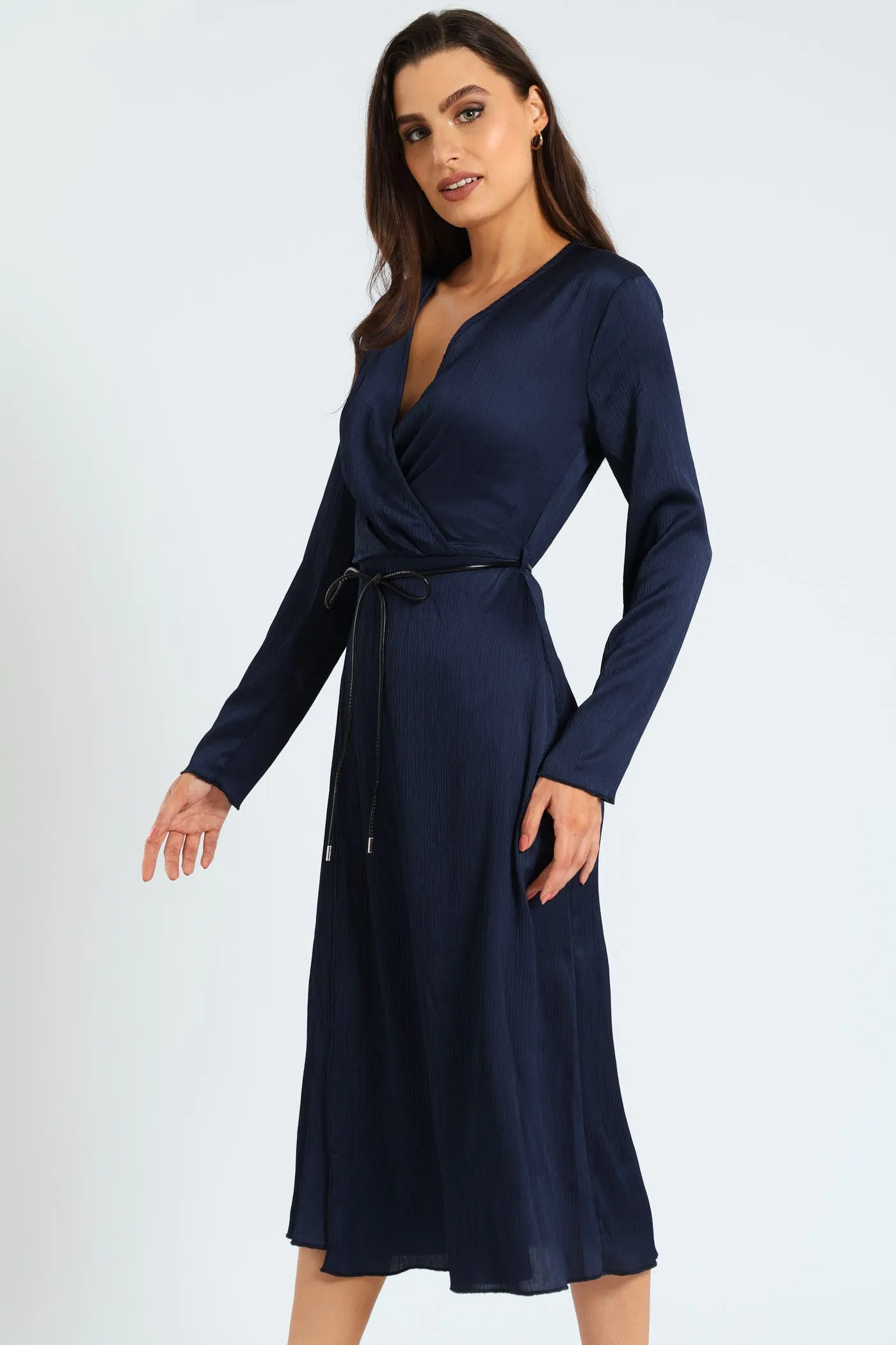 Wrap Crinkle Satin Midi Dress - Navy