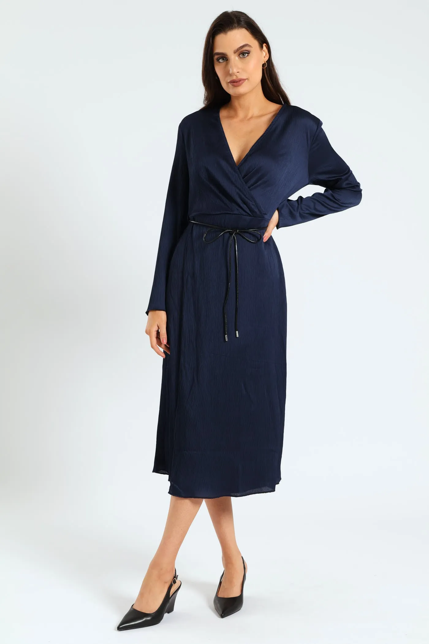 Wrap Crinkle Satin Midi Dress - Navy