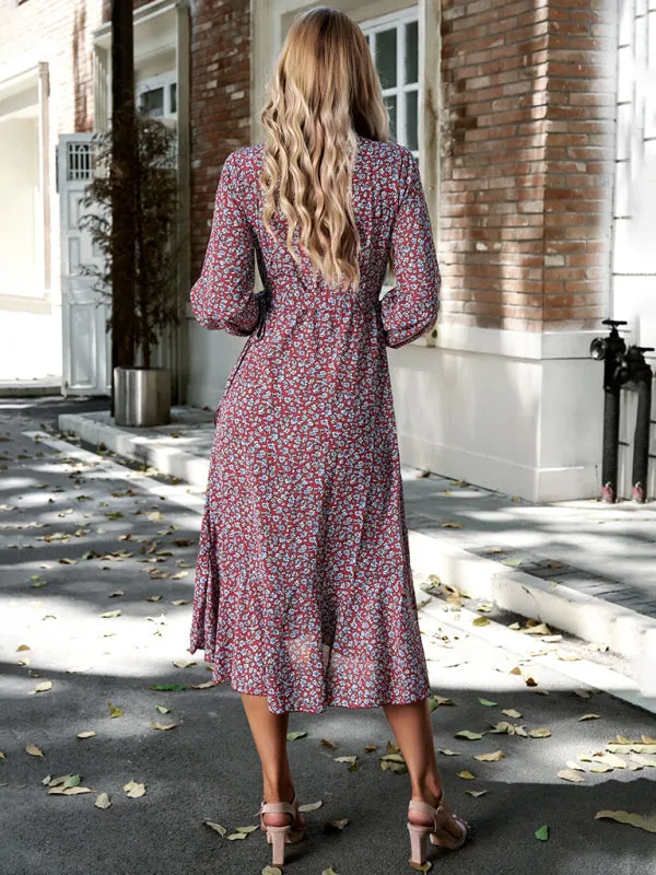 Wrap Floral Print Midi Dress with Long Sleeves