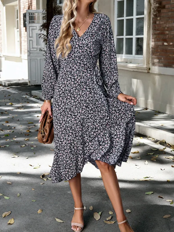 Wrap Floral Print Midi Dress with Long Sleeves