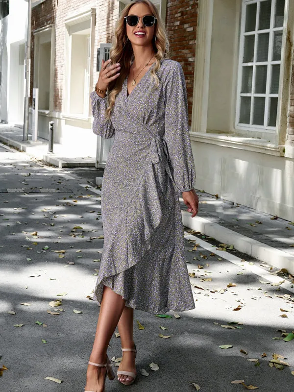 Wrap Floral Print Midi Dress with Long Sleeves