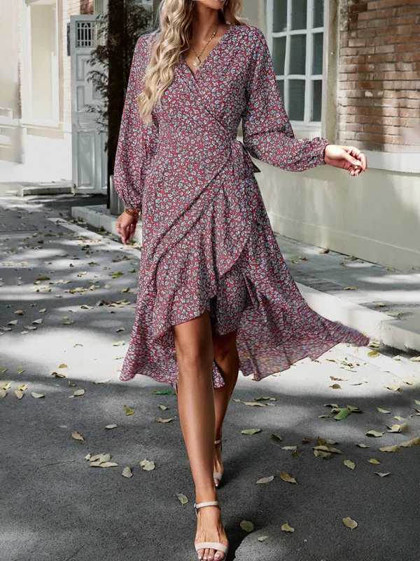 Wrap Floral Print Midi Dress with Long Sleeves