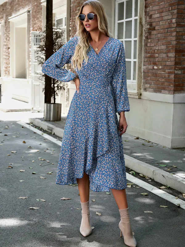 Wrap Floral Print Midi Dress with Long Sleeves