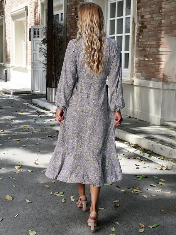 Wrap Floral Print Midi Dress with Long Sleeves