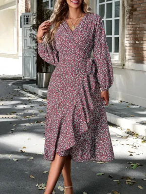 Wrap Floral Print Midi Dress with Long Sleeves