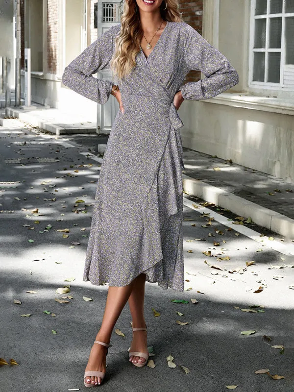 Wrap Floral Print Midi Dress with Long Sleeves