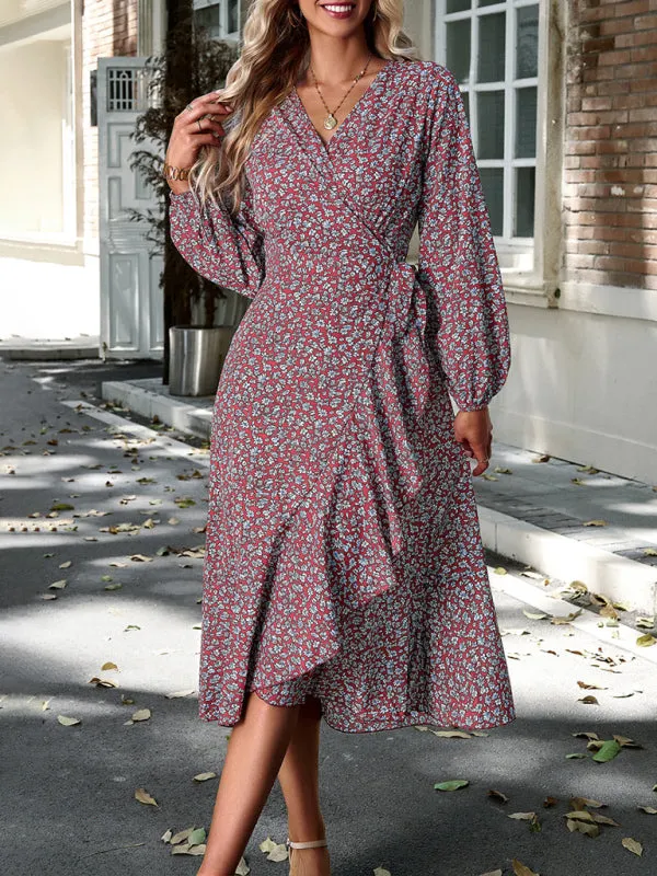 Wrap Floral Print Midi Dress with Long Sleeves