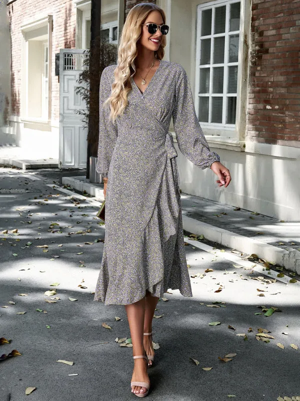 Wrap Floral Print Midi Dress with Long Sleeves