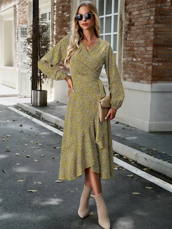 Wrap Floral Print Midi Dress with Long Sleeves