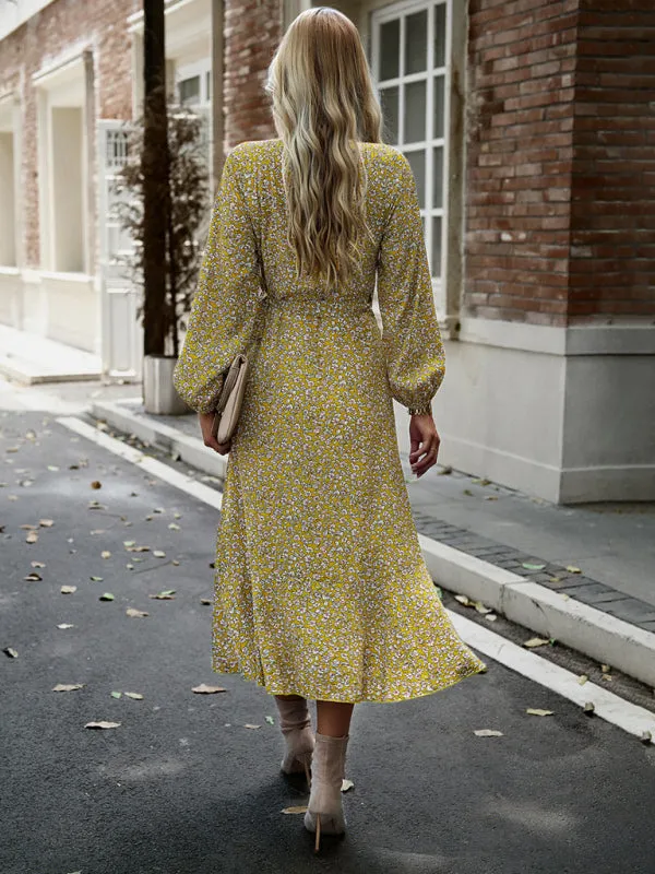 Wrap Floral Print Midi Dress with Long Sleeves