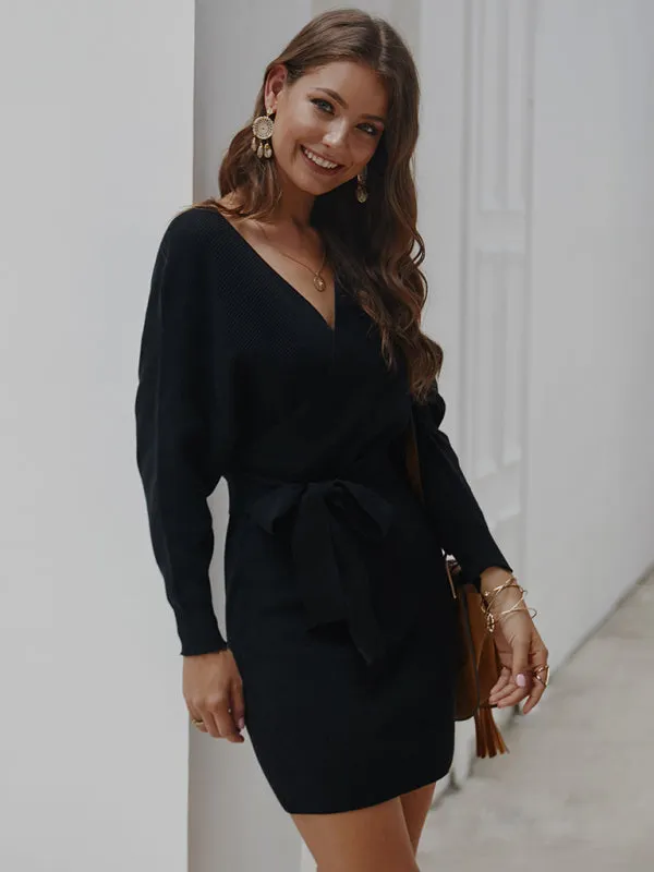 Wrap Knit Sweater Mini Dress with Tie Waist and V-Neck