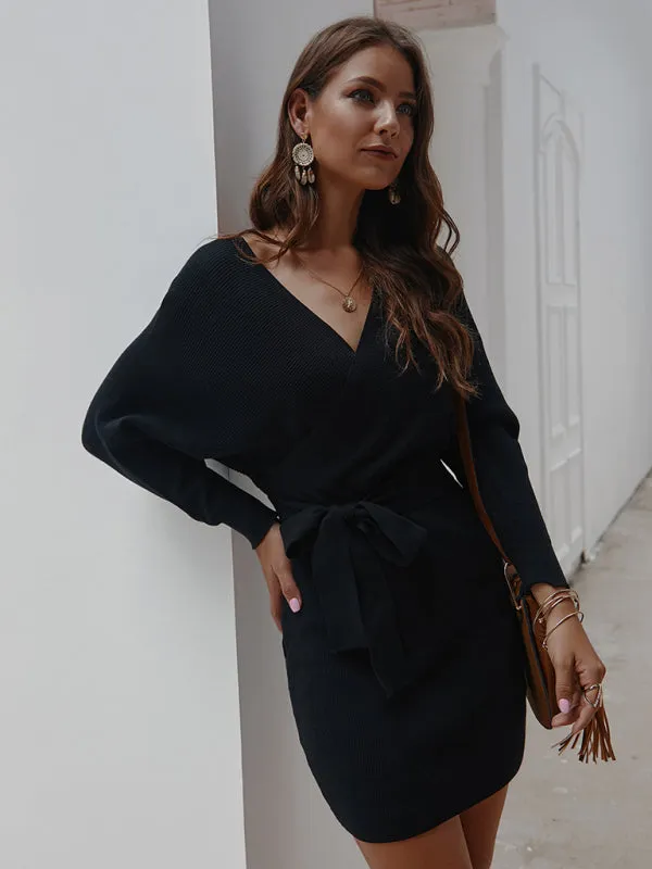 Wrap Knit Sweater Mini Dress with Tie Waist and V-Neck