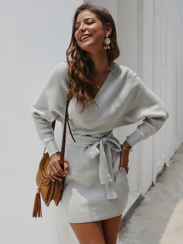 Wrap Knit Sweater Mini Dress with Tie Waist and V-Neck