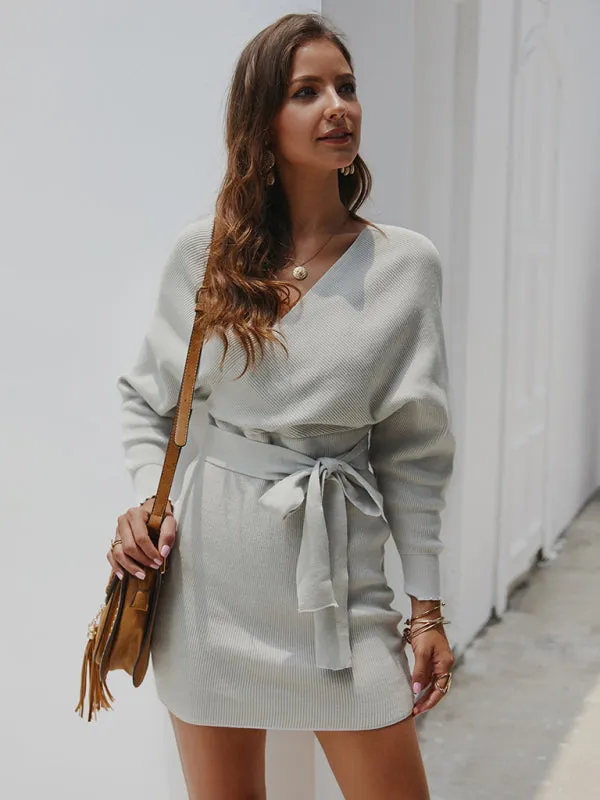 Wrap Knit Sweater Mini Dress with Tie Waist and V-Neck