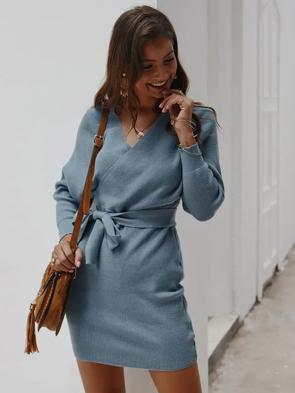 Wrap Knit Sweater Mini Dress with Tie Waist and V-Neck