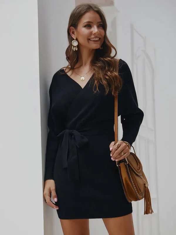 Wrap Knit Sweater Mini Dress with Tie Waist and V-Neck