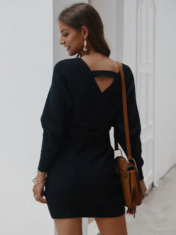 Wrap Knit Sweater Mini Dress with Tie Waist and V-Neck