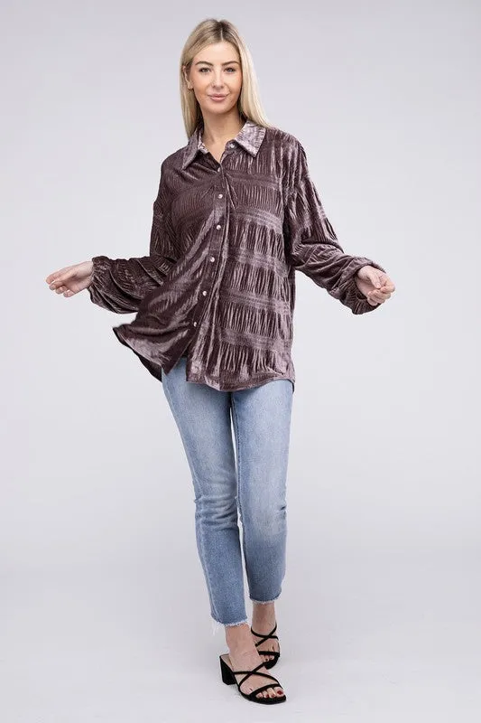 Wrinkle Effect Tiered Shirring Velvet Shirt - 3 color options