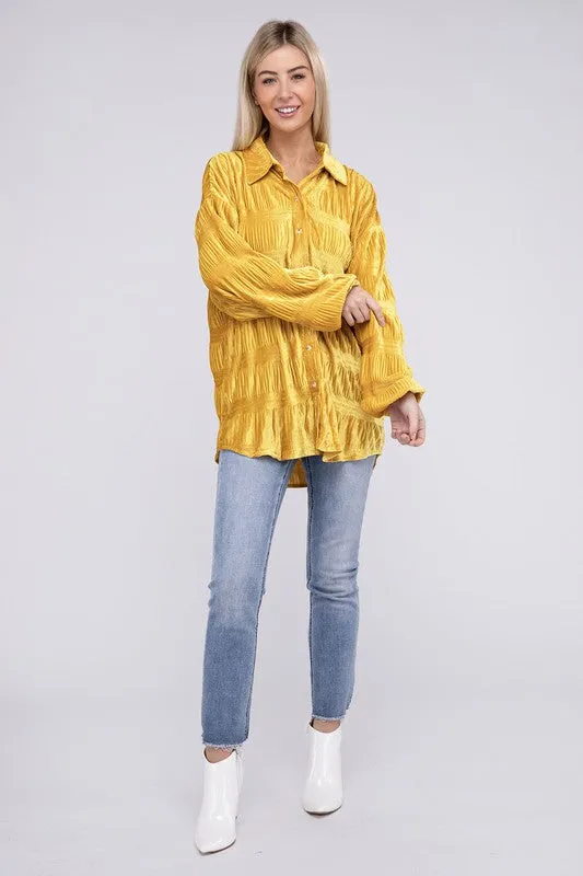 Wrinkle Effect Tiered Shirring Velvet Shirt - 3 color options