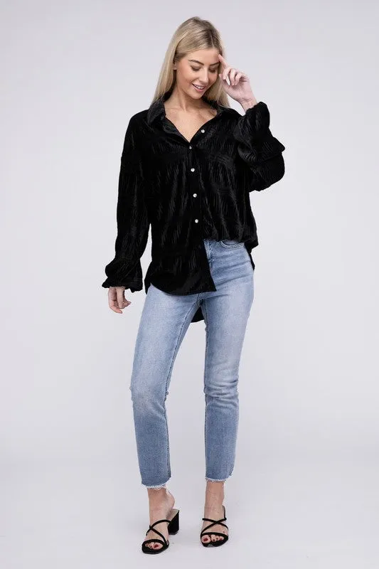 Wrinkle Effect Tiered Shirring Velvet Shirt - 3 color options