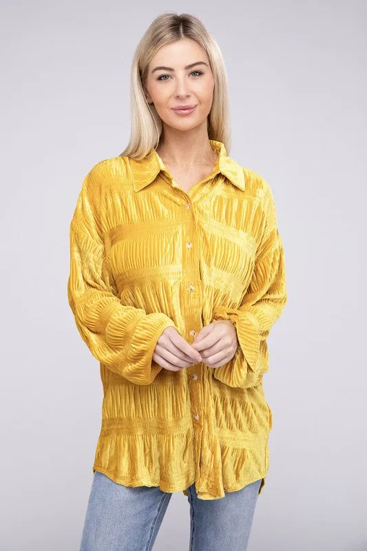 Wrinkle Effect Tiered Shirring Velvet Shirt - 3 color options