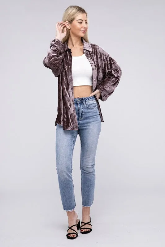 Wrinkle Effect Tiered Shirring Velvet Shirt - 3 color options