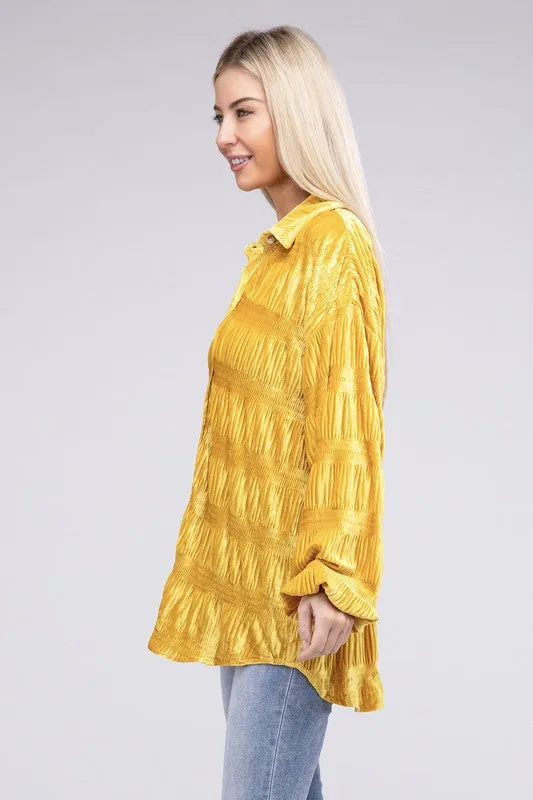 Wrinkle Effect Tiered Shirring Velvet Shirt - 3 color options