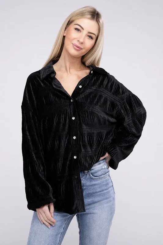 Wrinkle Effect Tiered Shirring Velvet Shirt - 3 color options