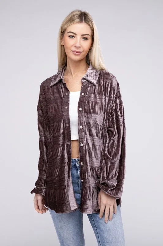 Wrinkle Effect Tiered Shirring Velvet Shirt - 3 color options