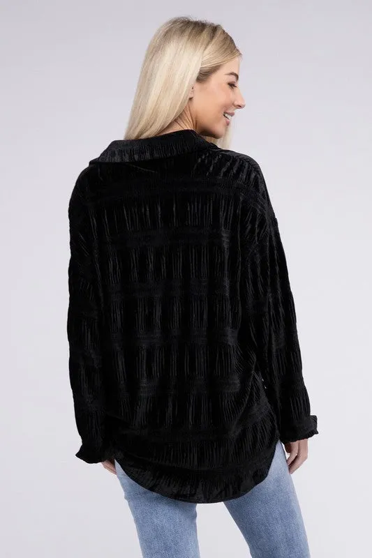 Wrinkle Effect Tiered Shirring Velvet Shirt - 3 color options