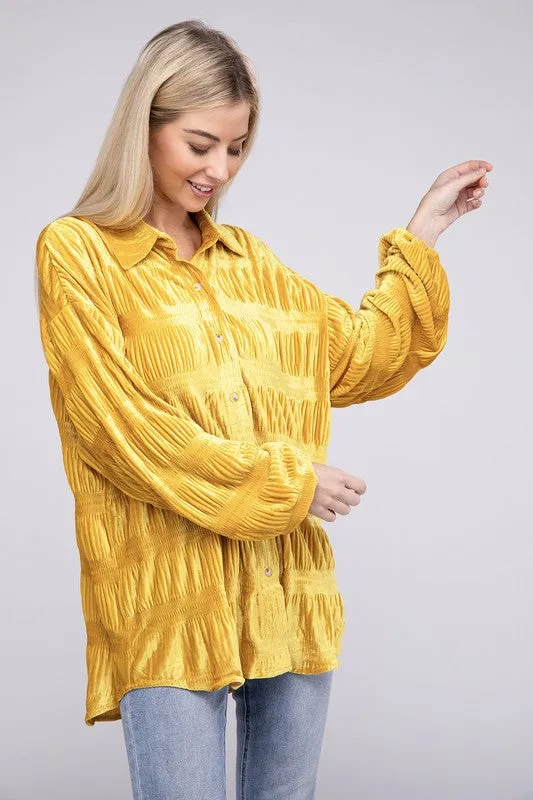 Wrinkle Effect Tiered Shirring Velvet Shirt - 3 color options