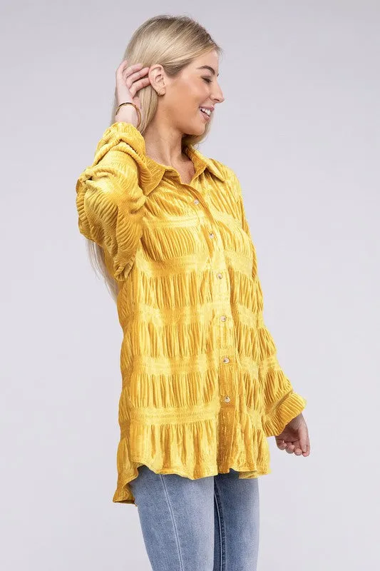 Wrinkle Effect Tiered Shirring Velvet Shirt - 3 color options