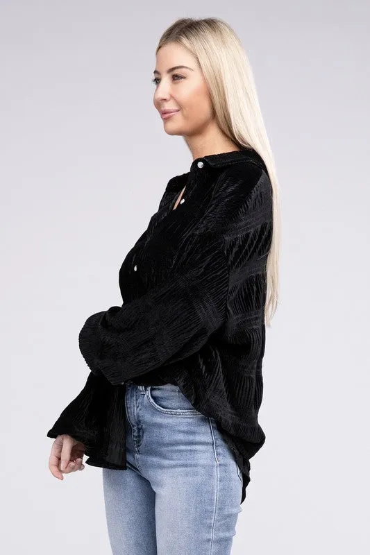 Wrinkle Effect Tiered Shirring Velvet Shirt - 3 color options