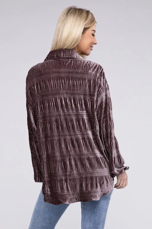 Wrinkle Effect Tiered Shirring Velvet Shirt - 3 color options