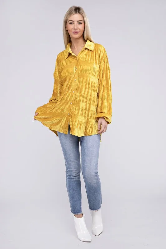 Wrinkle Effect Tiered Shirring Velvet Shirt - 3 color options