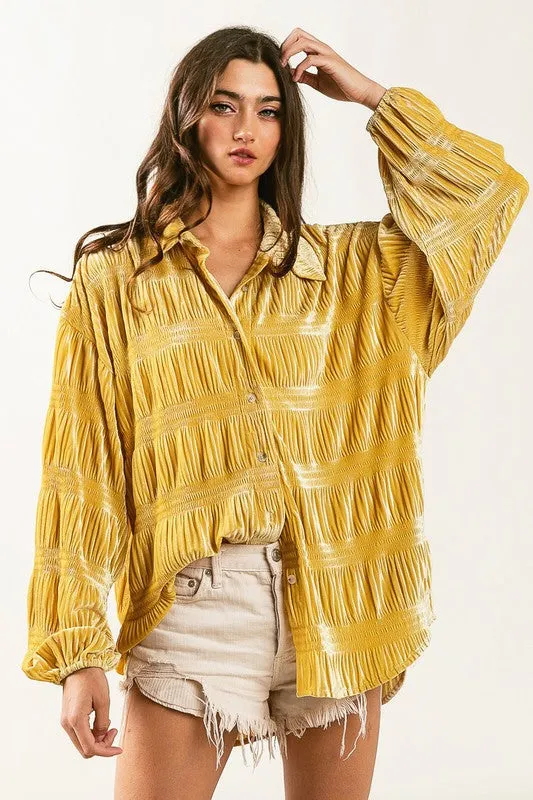 Wrinkle Effect Tiered Shirring Velvet Shirt - 3 color options