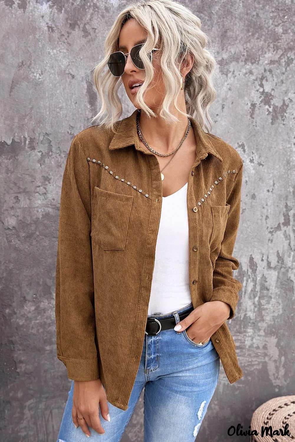 Xieyinshe - Beige corduroy buttoned long sleeve shirt with pockets