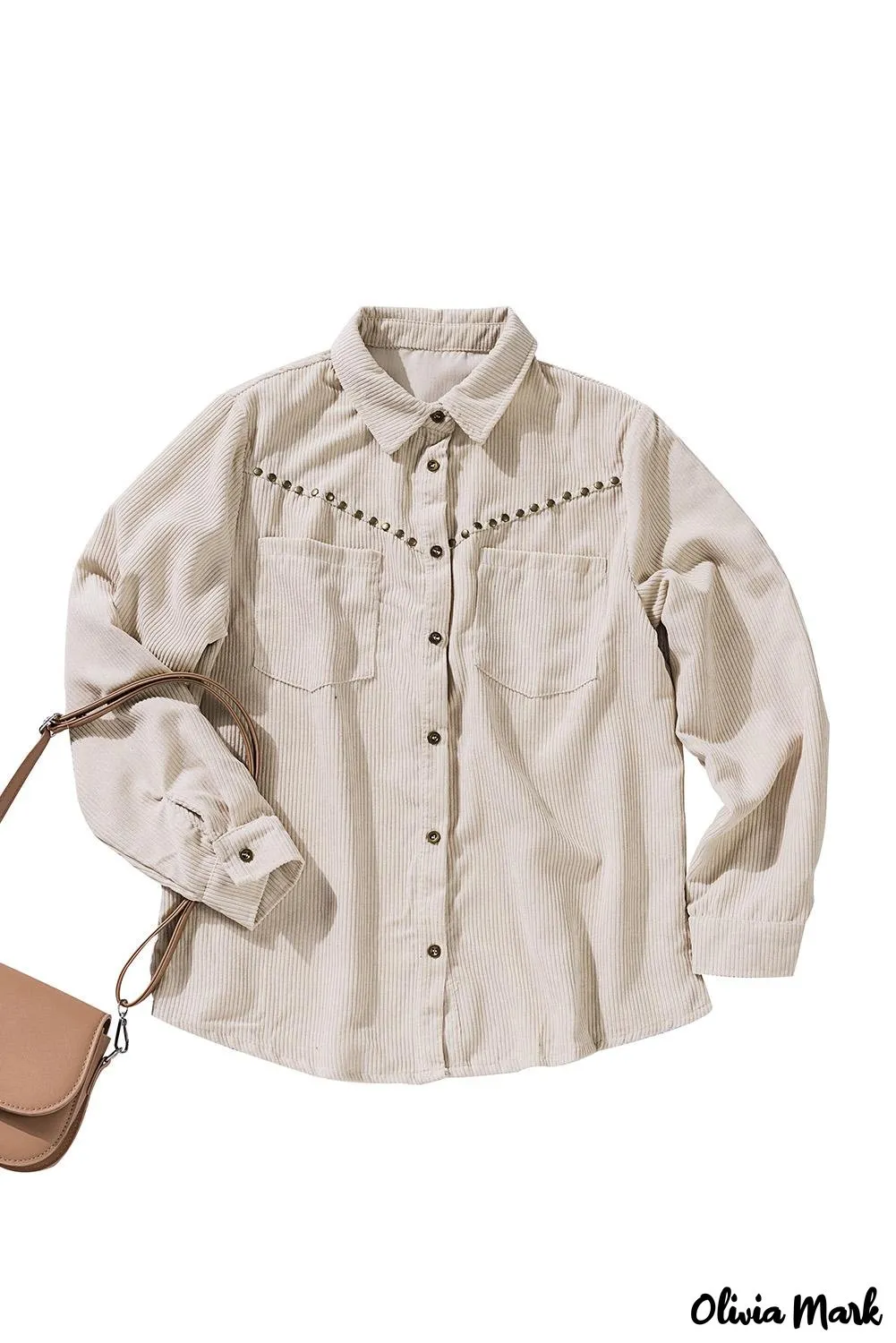 Xieyinshe - Beige corduroy buttoned long sleeve shirt with pockets