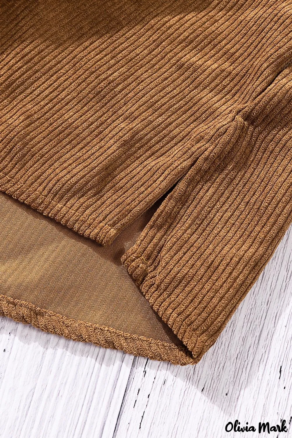 Xieyinshe - Beige corduroy buttoned long sleeve shirt with pockets