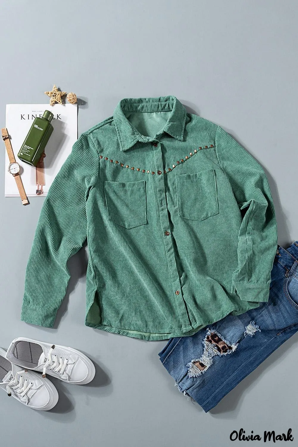 Xieyinshe - Beige corduroy buttoned long sleeve shirt with pockets