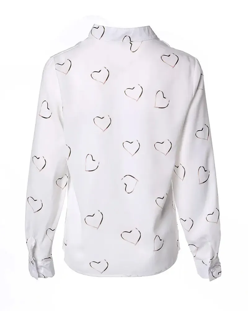 Xieyinshe - Casual Heart Print V-Neck Long Sleeve Top