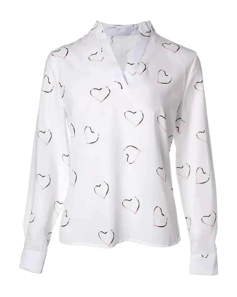 Xieyinshe - Casual Heart Print V-Neck Long Sleeve Top