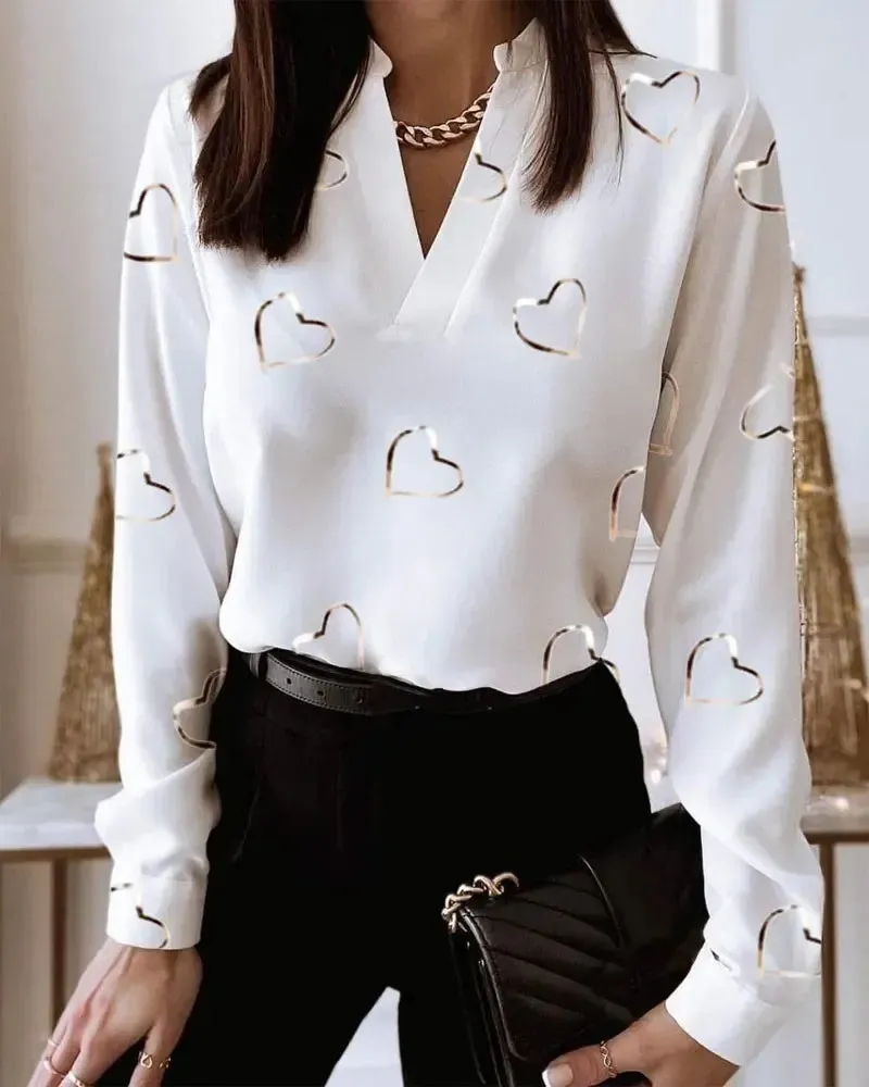 Xieyinshe - Casual Heart Print V-Neck Long Sleeve Top