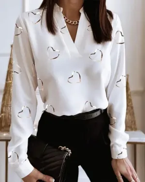 Xieyinshe - Casual Heart Print V-Neck Long Sleeve Top