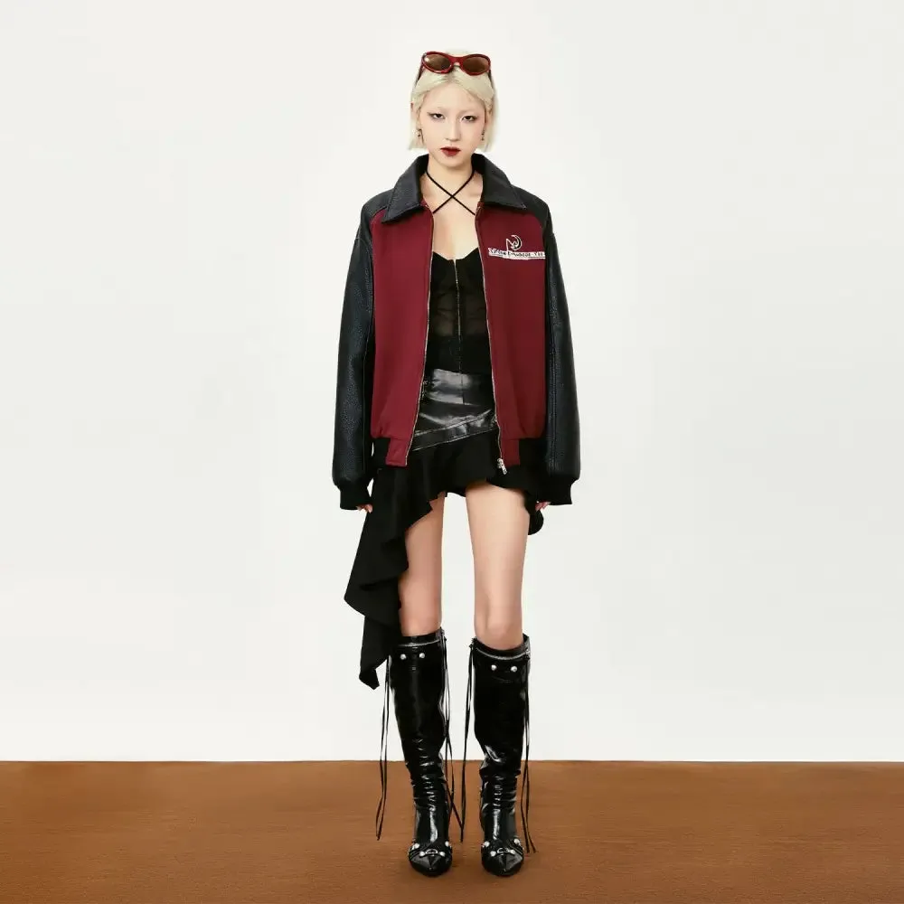 Y2K Leather Patchwork Jacket with Sophisticated Lapel Collar