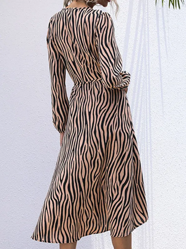Zebra Print V-Neck Midi Dress with Long Sleeves