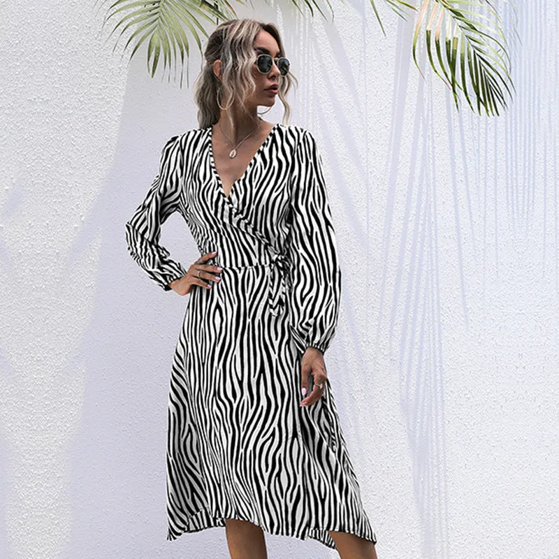 Zebra Print V-Neck Midi Dress with Long Sleeves