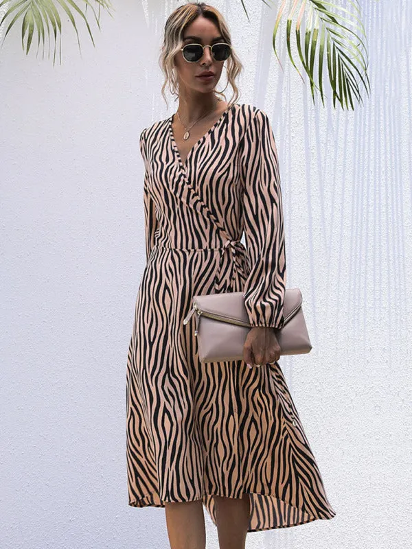 Zebra Print V-Neck Midi Dress with Long Sleeves